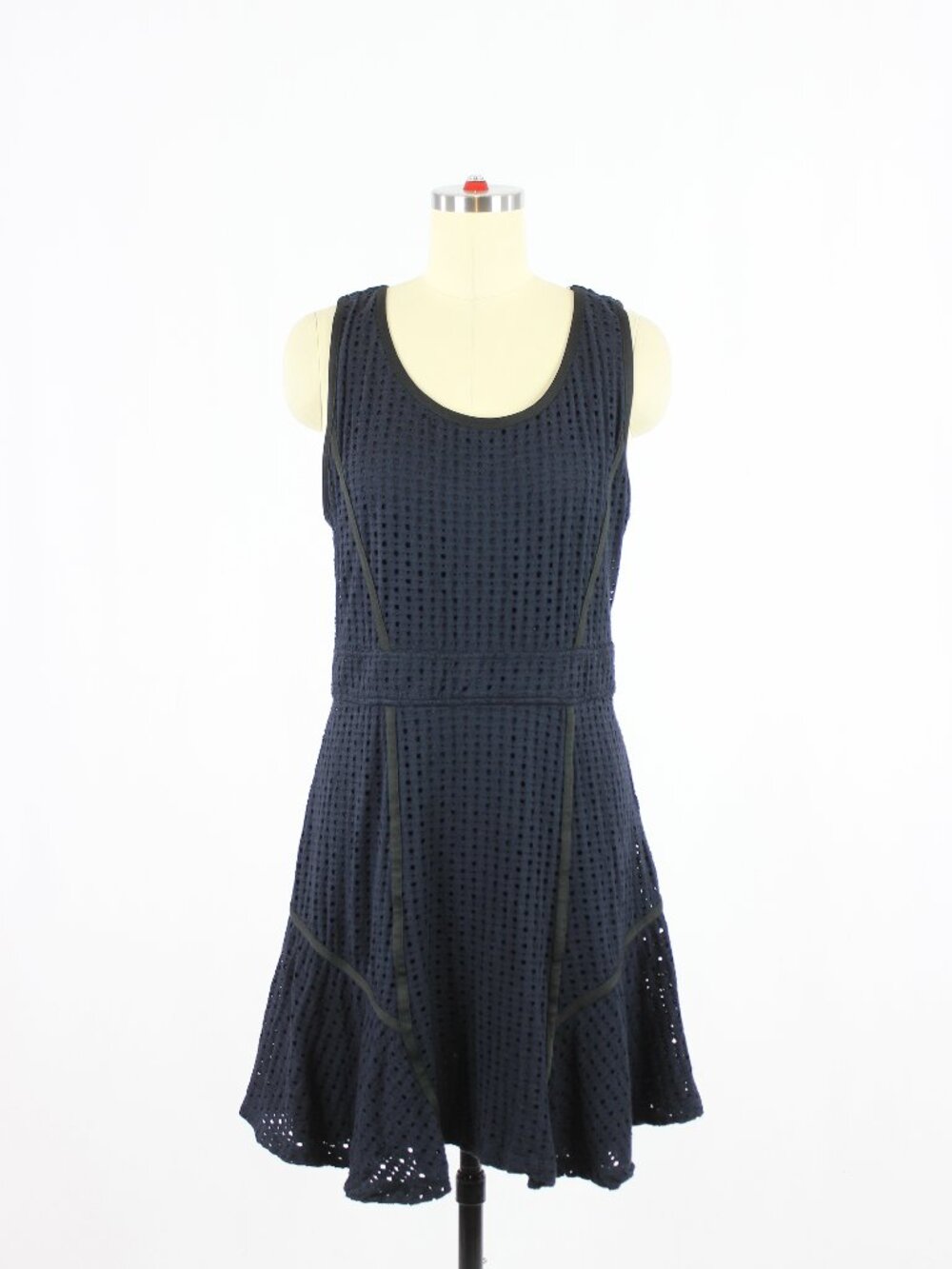 MARC BY MARC JACOBS Navy Blue Viscose Jersey Eyelet Flounce Skater Dress, Size M